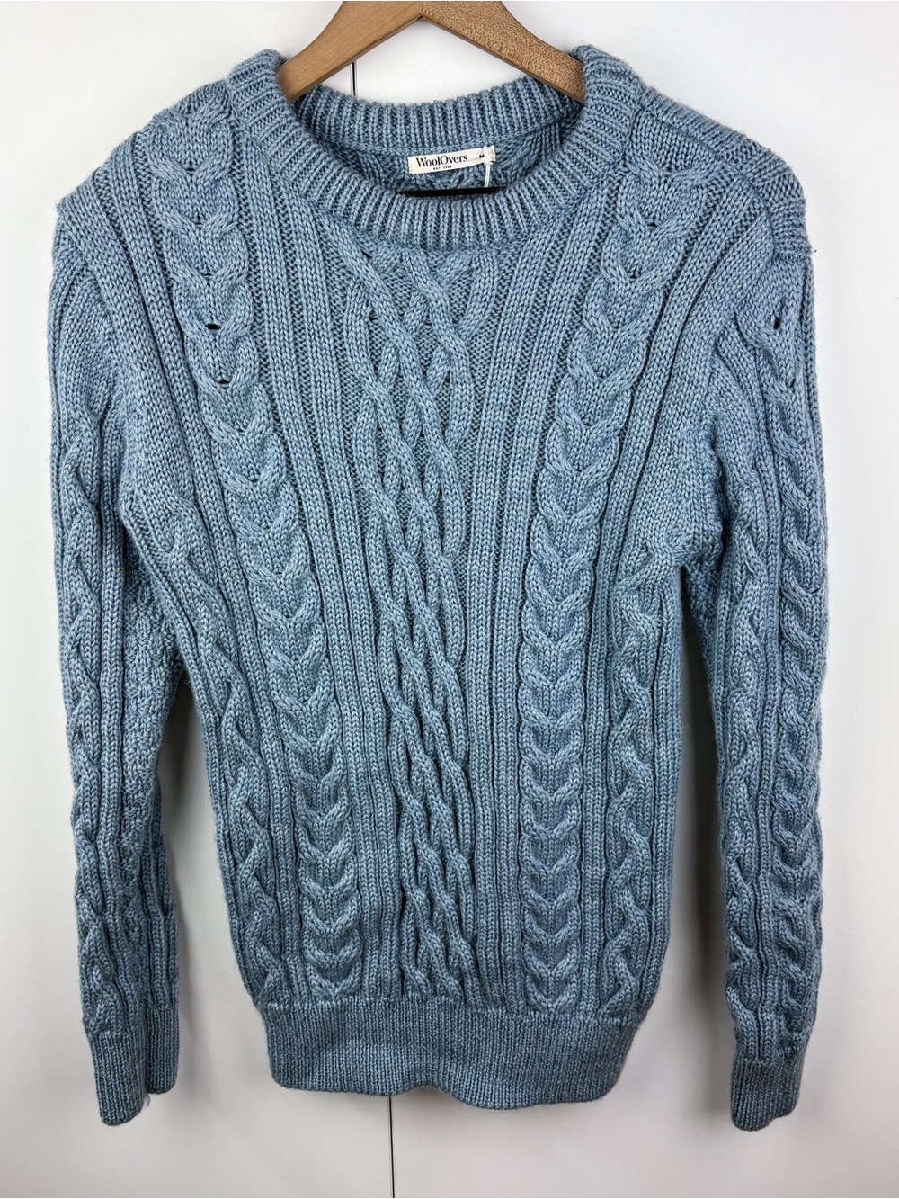WoolOvers 100% Wool Aran Cable Knit Crew Neck Sweater Light Blue Mens Medium